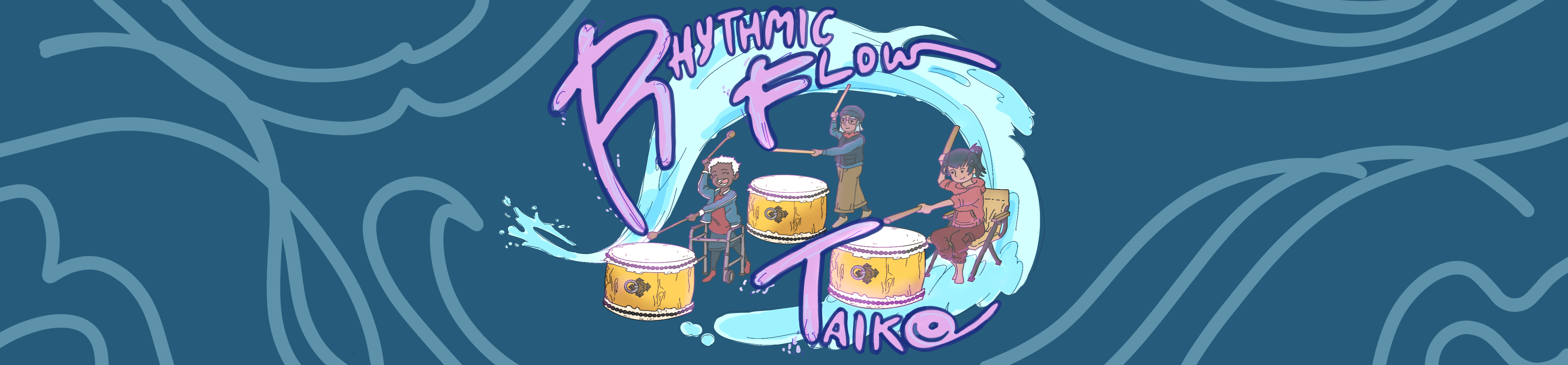 A graphic that reads Rhythmic Flow Taiko in pink, with three people playing taiko (one of them seated and another using a walker) and water in the background.